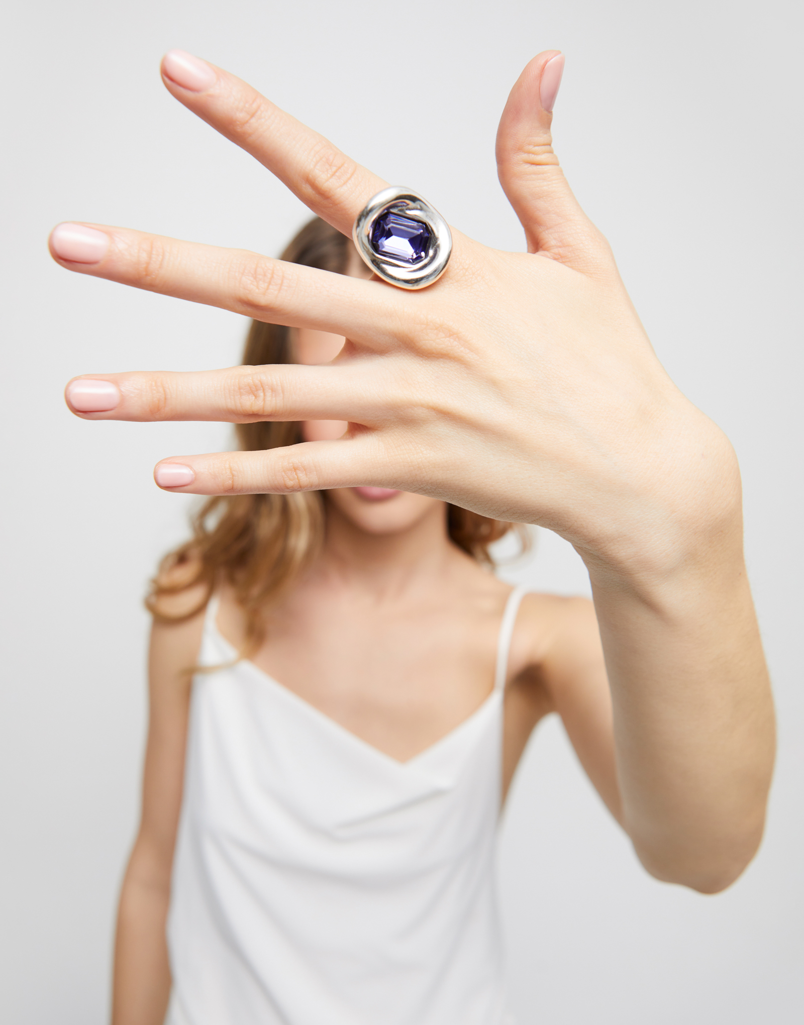 Ring with purple crystal, Silver, large thumbnail